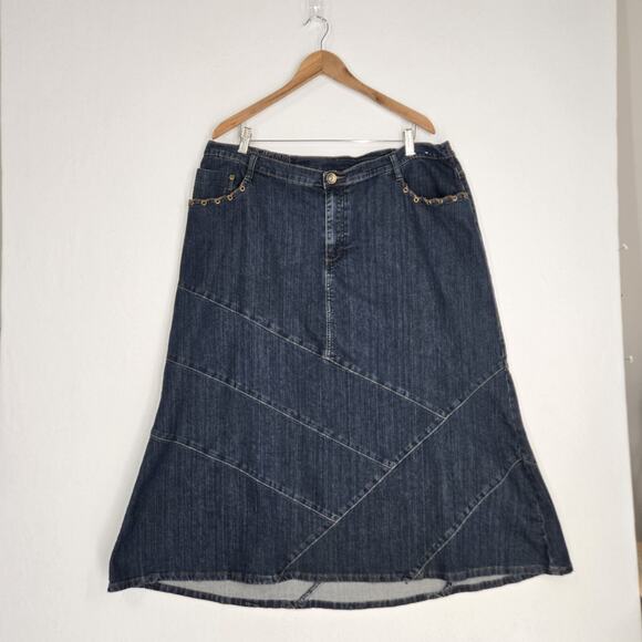 Liz & Me Denim Maxi Skirt Sz 20W Blue w/Brown Lacing Pockets Cowgirl Western - Picture 15 of 15